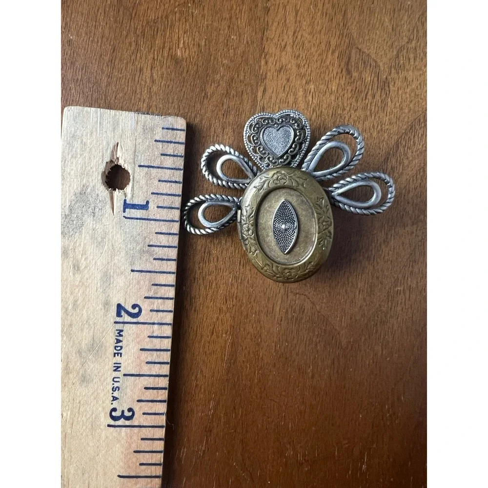 Silver Gold Heart‎ Angel Locket Brooch Pin TRESKA Signed